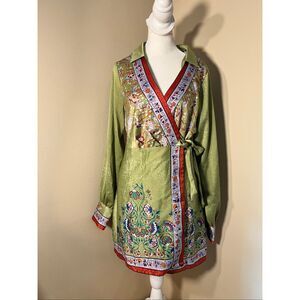 Urban Outfitters Green Sonia Satin Kimono Style Long Sleeve Wrap Mini Dress S